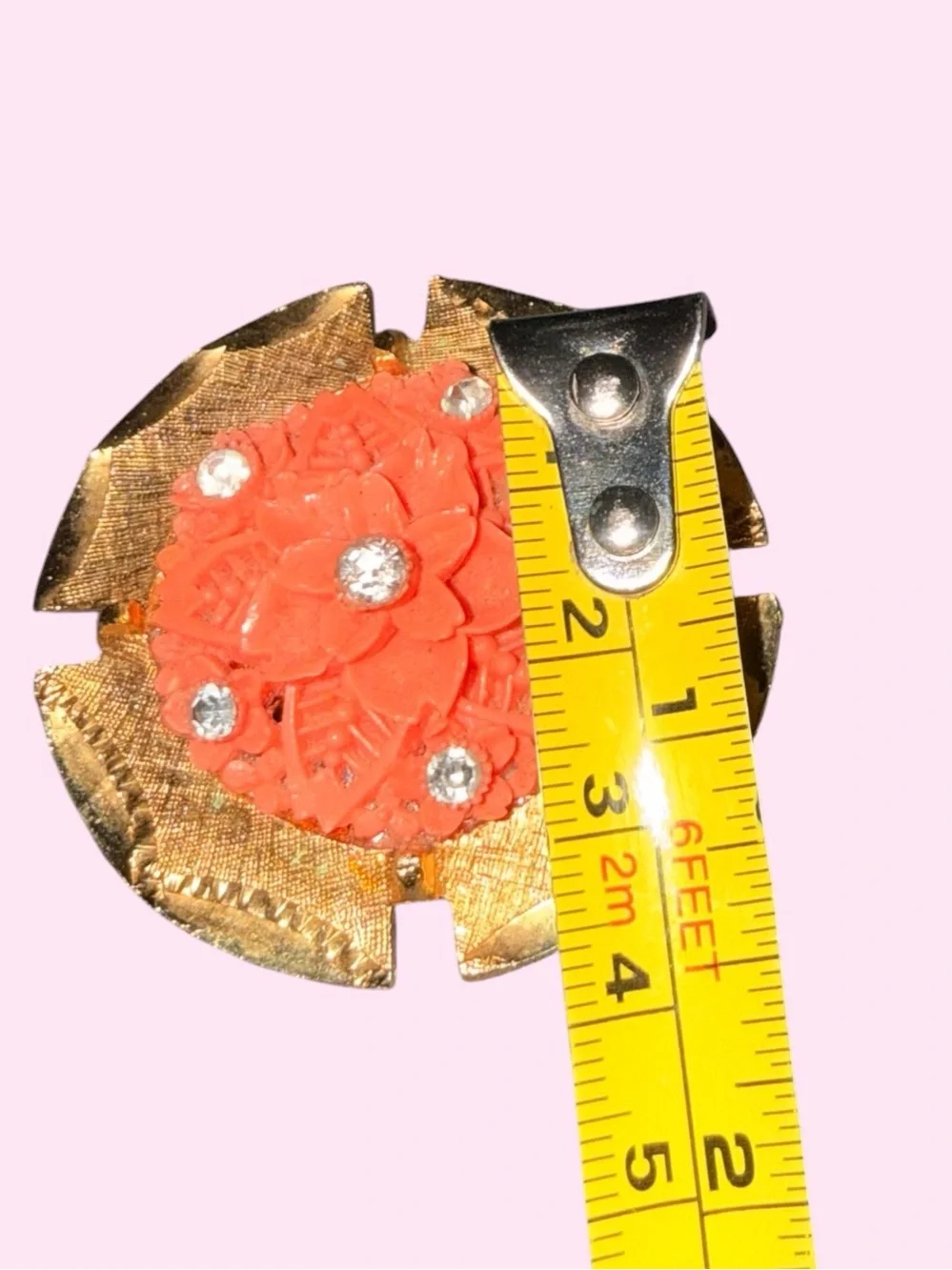 Vintage Coral-Orange Floral Brooch • Gold-Tone Statement Pin • Rhinestone Accent
